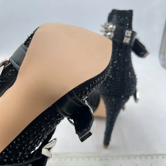 Black Studded Bling Ankle Boot Pointed Toe Crystal Embellished Zipper Shoe - Picture 5 of 7